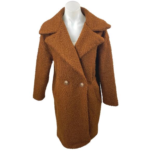 Glocal Brown Teddy Fleece Double Breasted Longline Trench Pea Coat Jacket L/XL - Picture 1 of 5
